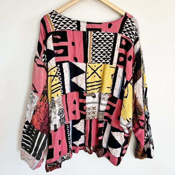 Ashro Top Ethnic Patchwork 3/4 Bat Sleeve Shirt Dbl Cloth Rayon Cotton - Picture 8 of 10